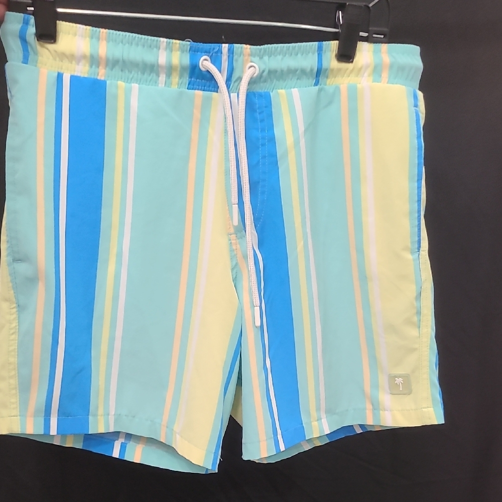 Mens Malibu Beach Club Blue, Yellow And Green Striped Swim Trunks Size Medium